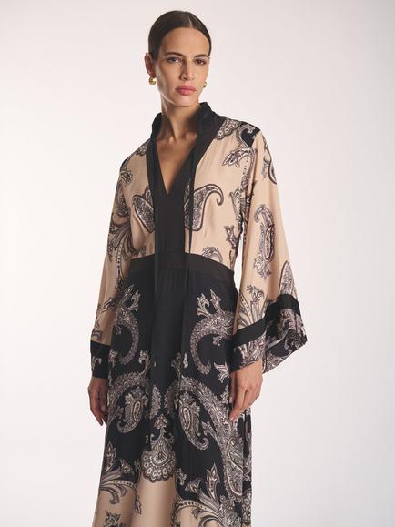 Amanda Wakeley Paisley Print V-Neck Maxi Dress, Beige/Black - view 2, Beige/Black