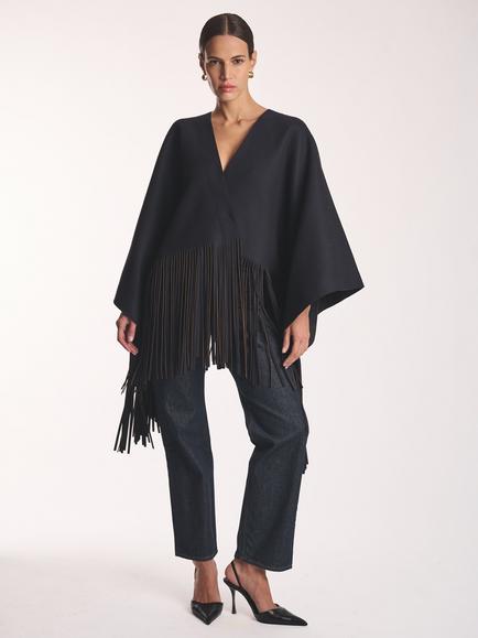 Amanda Wakeley Fringe V-Neck Wool Rich Cape, Navy, Navy