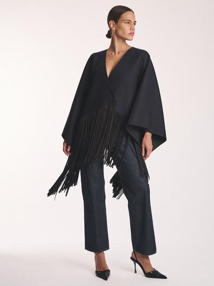 Amanda Wakeley Fringe V-Neck Wool Rich Cape, Navy - view 2, Navy