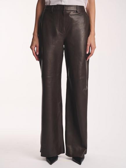 Amanda Wakeley Wide Leg Leather Trousers, Chocolate - view 2, Chocolate
