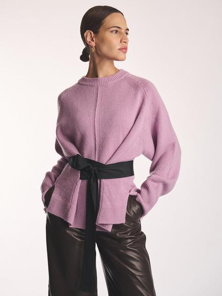 Amanda Wakeley Merino Wool Blend Crew Neck Tie Detail Jumper, Pink - view 2, Pink