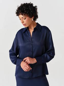 Ghost Esther Satin Long Sleeve Shirt, Black, Navy