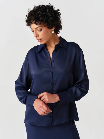 Ghost Esther Satin Long Sleeve Shirt, Black, Navy