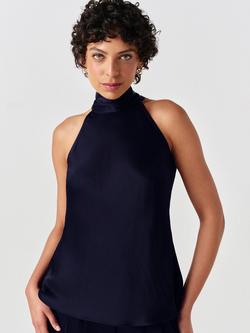 Ghost Reese Satin High Neck Bias Cut Blouse, Navy, Navy
