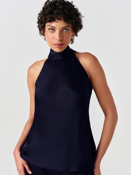 Ghost Reese Satin High Neck Bias Cut Blouse, Navy, Navy