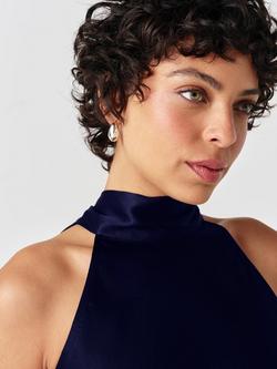 Ghost Reese Satin High Neck Bias Cut Blouse, Navy - view 2, Navy