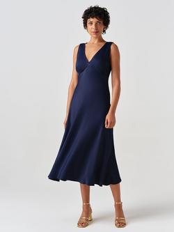 Ghost Alessia Picot V-Neck Satin Midi Dress, Navy, Navy