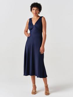 Ghost Alessia Picot V-Neck Satin Midi Dress, Navy - view 2, Navy