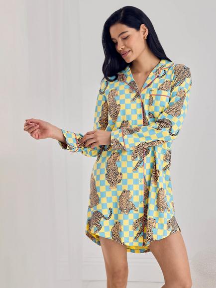 Chelsea Peers Checkerboard Leopards Print Button-Up Nightshirt, Multi, Multi