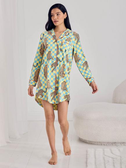 Chelsea Peers Checkerboard Leopards Print Button-Up Nightshirt, Multi - view 2, Multi
