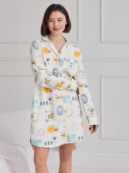 Chelsea Peers Linen Blend Scenic Stamps Print Nightshirt, Off White, Off White
