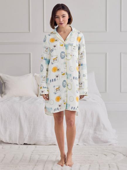 Chelsea Peers Linen Blend Scenic Stamps Print Nightshirt, Off White - view 2, Off White