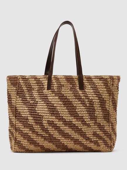 Reiss Rosie Raffia Effect Zebra Print Tote Bag, Natural/Tan, Natural/Tan