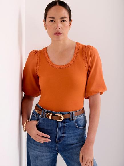 Mint Velvet Ruched Trim Puff Sleeve Top, Orange, Orange