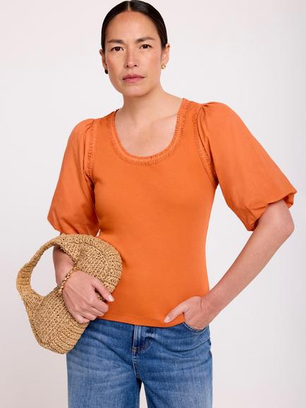 Mint Velvet Ruched Trim Puff Sleeve Top, Orange - view 2, Orange