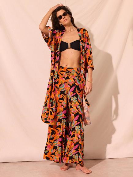 Mint Velvet Floral Print Longline Kimono, Orange/Multi, Orange/Multi