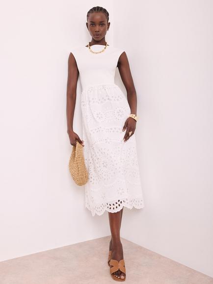 Mint Velvet Broderie Cotton Midi Dress, White Ivory, White Ivory