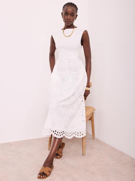 Mint Velvet Broderie Cotton Midi Dress, White Ivory - view 2, White Ivory