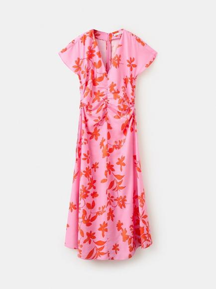 Mango Ruched V-Neck Short Sleeve Floral Print Midi Dress, Pink, Pink