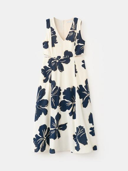 Mango Floral Print Sleeveless Cut Out Fit & Flare Midi Dress, Raw, Raw