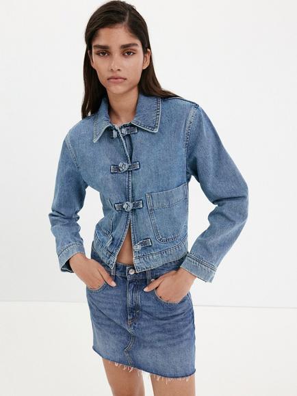 Mango Denim Toggle Detail Cropped Jacket, Blue, Blue