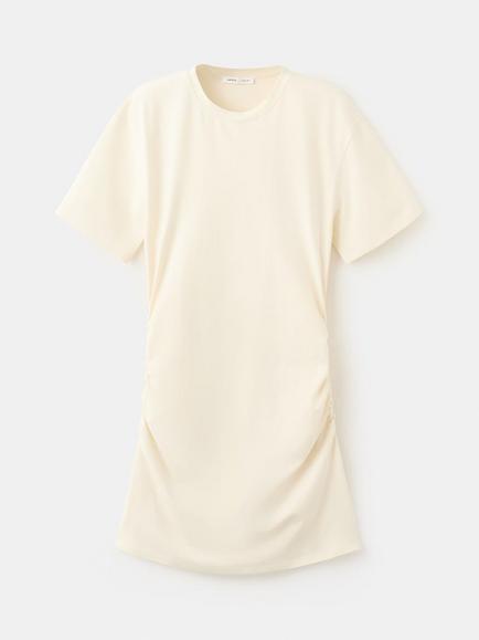 Mango Side Ruched Mini T-Shirt Dress, Vanilla