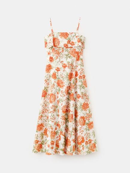 Mango Square Neck Floral Midi Fit-Flare Dress, Orange, Orange