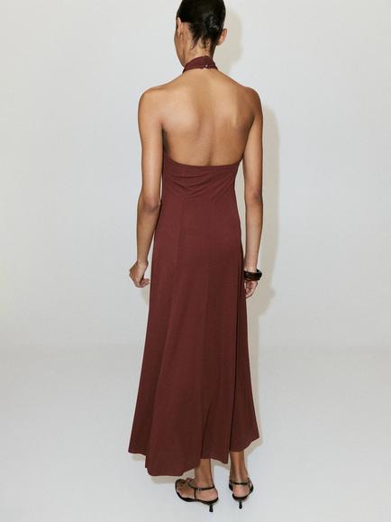 Mango Halter Neck Maxi Dress, Terracotta - view 2, Terracotta