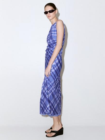 Mango Cotton Check Side Wrapped Midi Dress, Blue, Blue