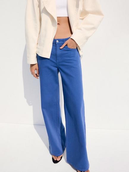 Mango Low-Rise Wide Leg Jeans, Blue, Blue