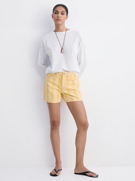 Mango Cotton Striped Denim Shorts, Yellow, Yellow