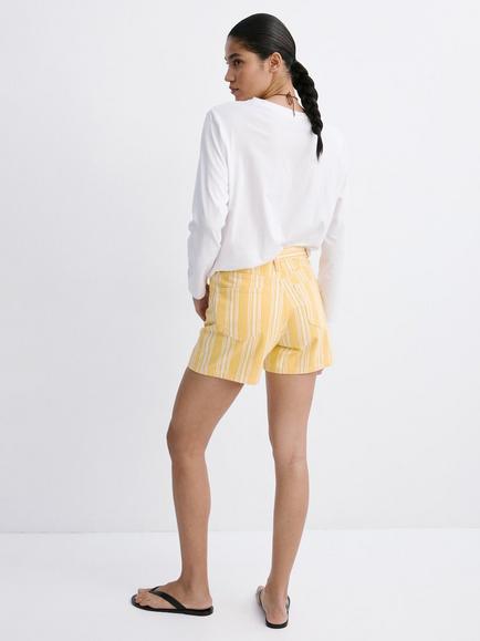 Mango Cotton Striped Denim Shorts, Yellow - view 2, Yellow