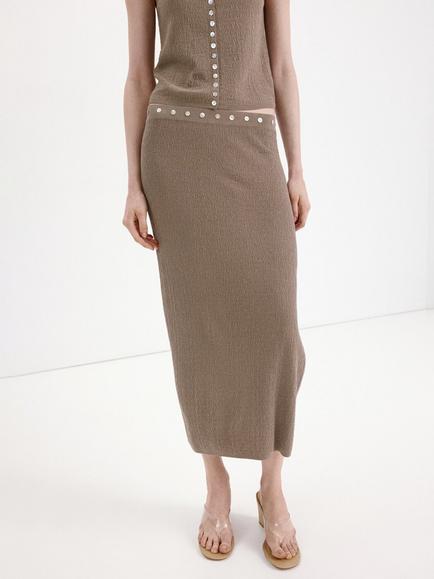 Mango Mid Rise A-Line Knitted Button Trim Midi Skirt, Taupe, Taupe