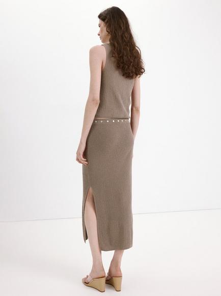 Mango Mid Rise A-Line Knitted Button Trim Midi Skirt, Taupe - view 2, Taupe