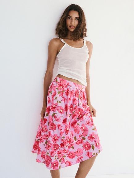 Mango High Rise Flared Floral Midi Skirt, Pink, Pink