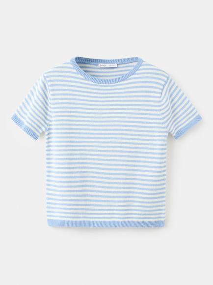 Mango Cotton Blend Cropped Jersey Top, Black, Sky Blue