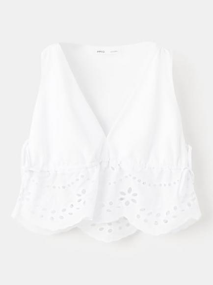 Mango Cotton Rich Eyelet Crop Top, White, White