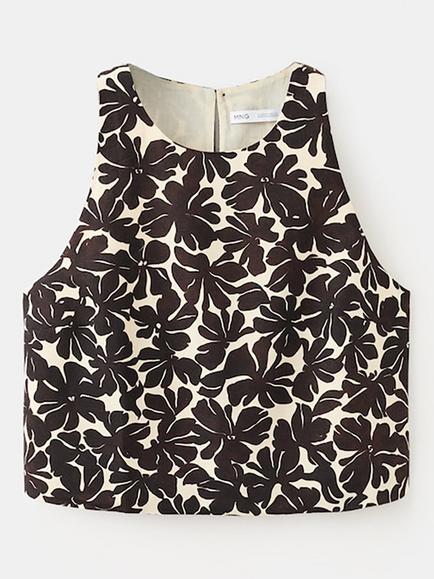 Mango Linen Blend Floral Crop Top, Raw, Raw
