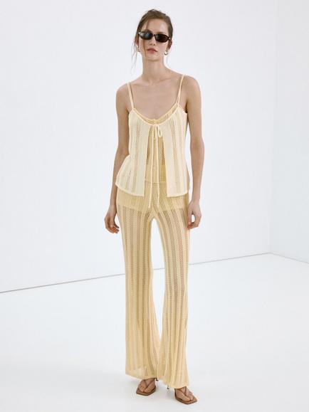 Mango Openwork Knit Camisole Top, Pastel Yellow, Pastel Yellow