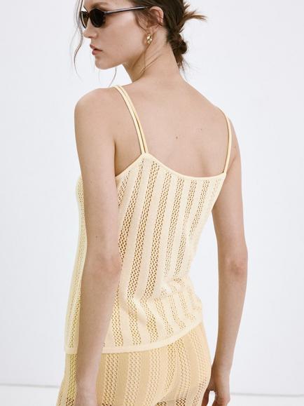 Mango Openwork Knit Camisole Top, Pastel Yellow - view 2, Pastel Yellow
