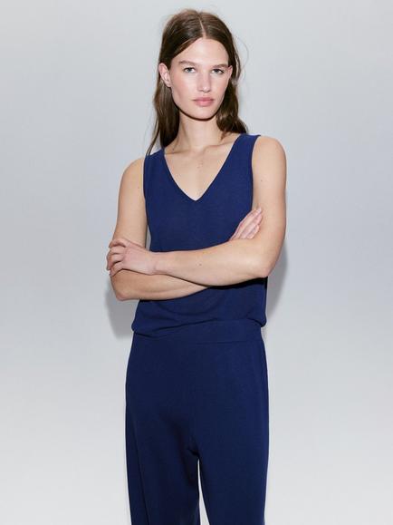 Mango V-Neck Linen Blend Vest, Electric Blue, Electric Blue
