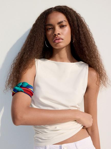 Mango Cotton Rich Boat Neck Top, Off White, Off White