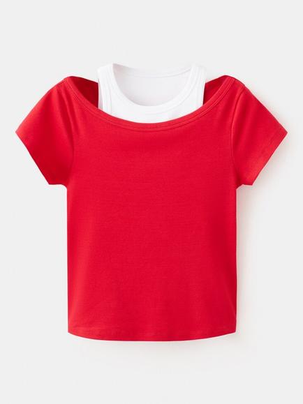 Mango Two Tone Cotton Rich Crew Neck T-Shirt, Red