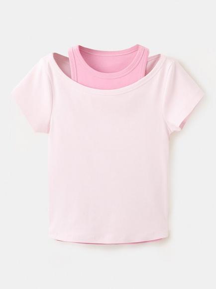 Mango Two Tone Cotton Rich Crew Neck T-Shirt, Pink