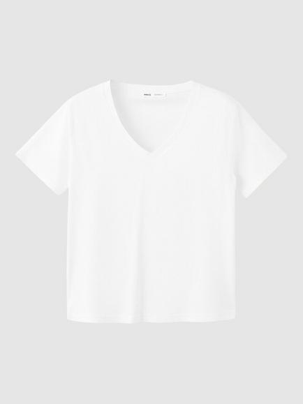 Mango Cotton V-Neck T-Shirt, White, White