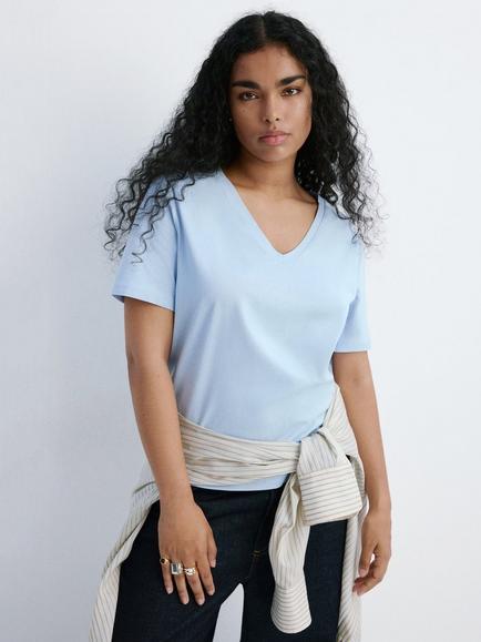 Mango Cotton V-Neck T-Shirt, Sky Blue, Sky Blue