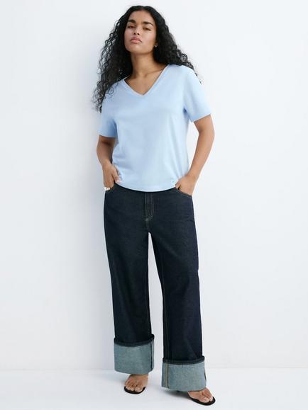 Mango Cotton V-Neck T-Shirt, Sky Blue - view 2, Sky Blue