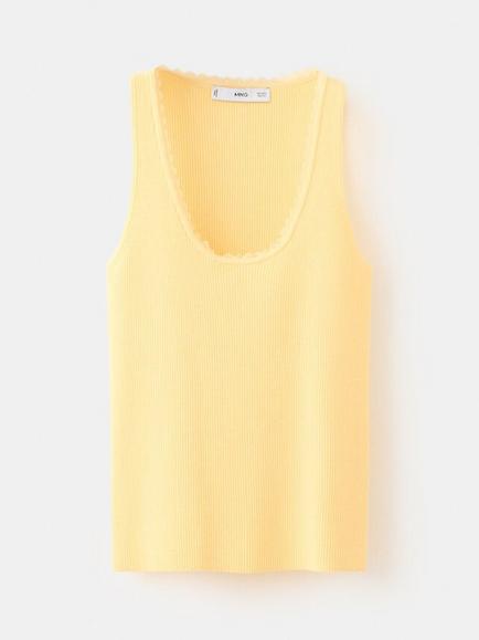 Mango Lace Trim Ribbed Vest Top, Pastel Yellow, Pastel Yellow