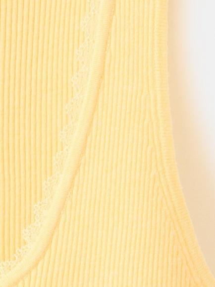 Mango Lace Trim Ribbed Vest Top, Pastel Yellow - view 2, Pastel Yellow