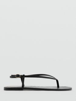 Mango Leather Sleek Slingback Flat Strappy Sandals, Black, Black